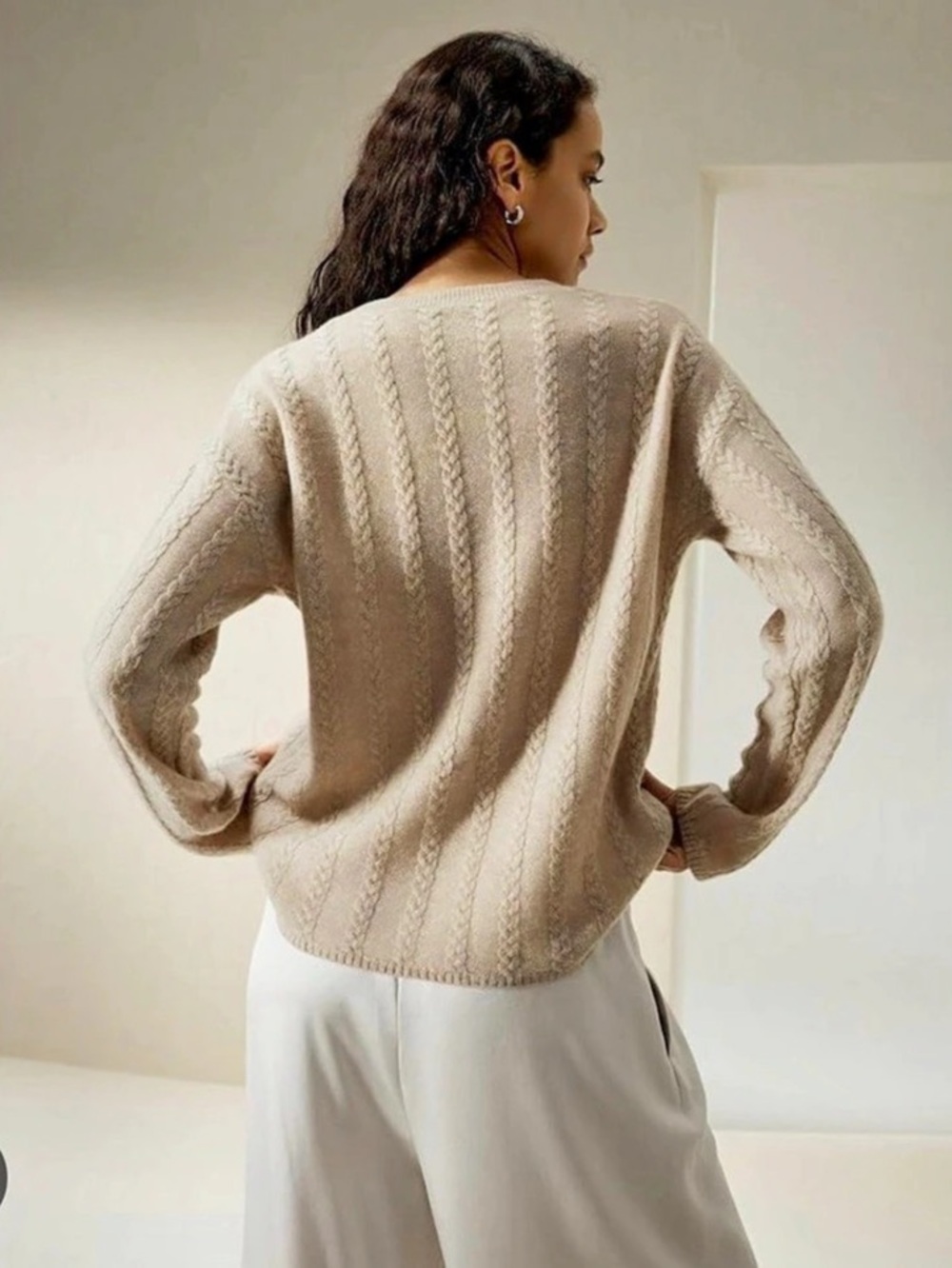 LILYSILK Cashmere Cable Knit Sweater with Ribbed Edges Beige Small - Picture 3 of 7